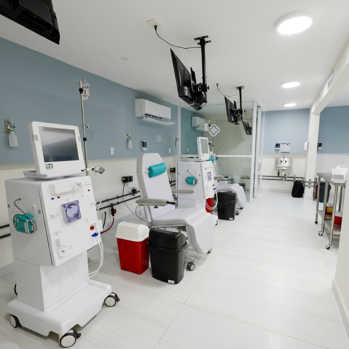 Sala de hemodiálisis de Clínica Bital en Mérida con máquinas B Braun y estaciones individuales